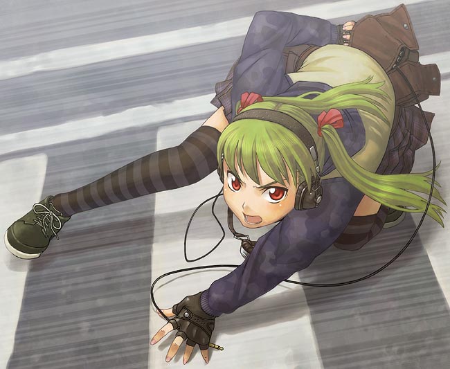 itou (onsoku tassha), original, 1girl, action, all fours, angry, female focus, fighting stance, fingerless gloves, gloves, green hair, headphones, onnsoku, open mouth, red eyes, ribbon, road, shoes, skirt, sneakers, solo, street, striped clothes, striped thighhighs, thighhighs, twintails