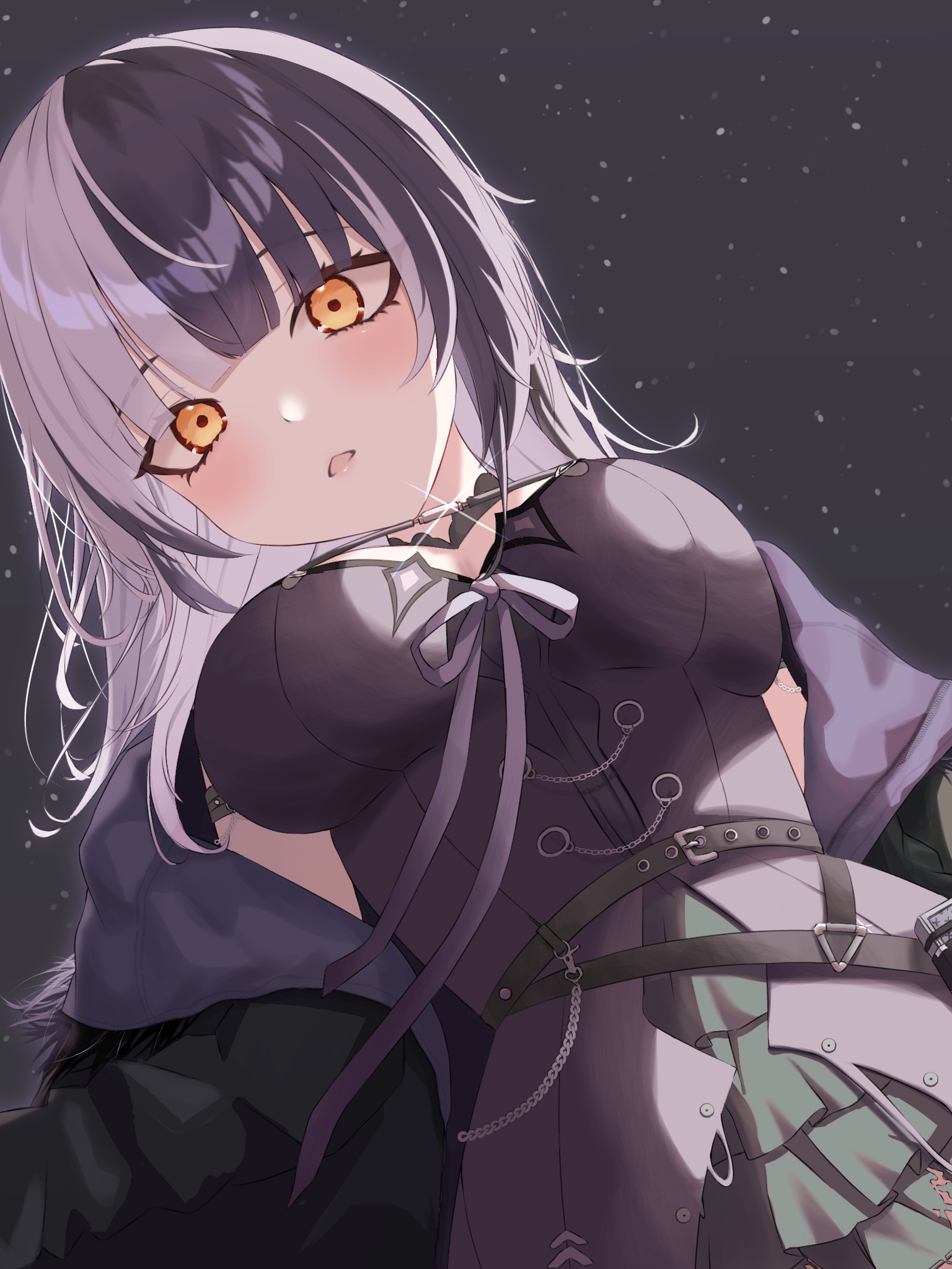 shiori novella, shiori novella (1st costume), hololive, hololive english, highres, 1girl, black coat, black dress, black hair, breasts, coat, dress, from below, grey hair, grey ribbon, looking at viewer, medium breasts, multicolored hair, solo, split-color hair, two-tone hair, user hrkc2735, virtual youtuber, yellow eyes