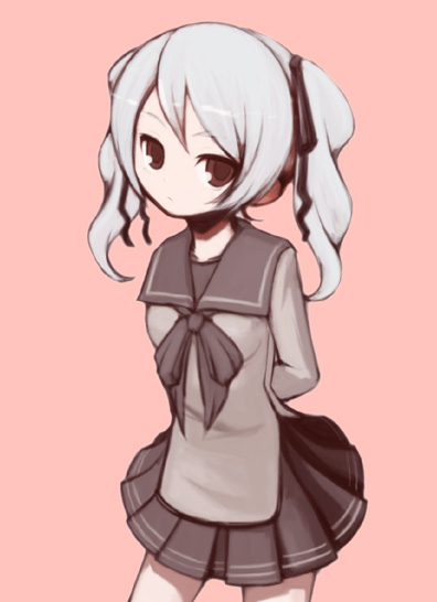 mamoru (arizona), original, silver hair, 1girl, arms up, bow, bowtie, brown bow, brown bowtie, brown eyes, brown shirt, brown skirt, female focus, looking at viewer, miniskirt, pink background, pleated skirt, sailor collar, school uniform, serafuku, shirt, simple background, skirt, solo