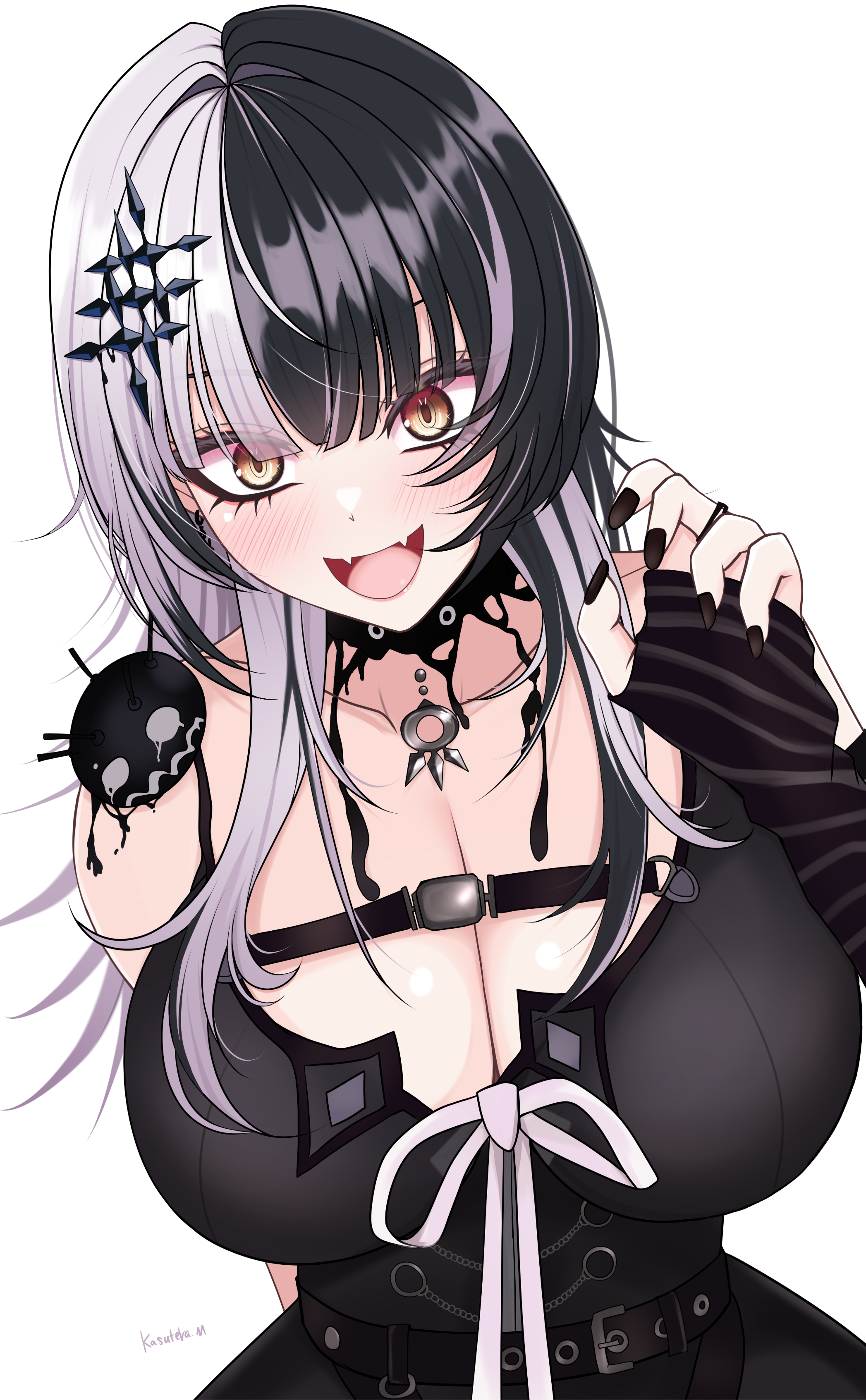 kasutera mikan, shiori novella, shiori novella (1st costume), yorick (shiori novella), hololive, hololive english, absurdres, highres, 1girl, arm strap, black arm warmers, black choker, black dress, black hair, black nails, breasts, choker, cleavage, dress, fangs, grey hair, huge breasts, long hair, looking at viewer, multicolored hair, open mouth, ribbon, simple background, solo, split-color hair, striped arm warmers, two-tone hair, virtual youtuber, white background, white ribbon, yellow eyes