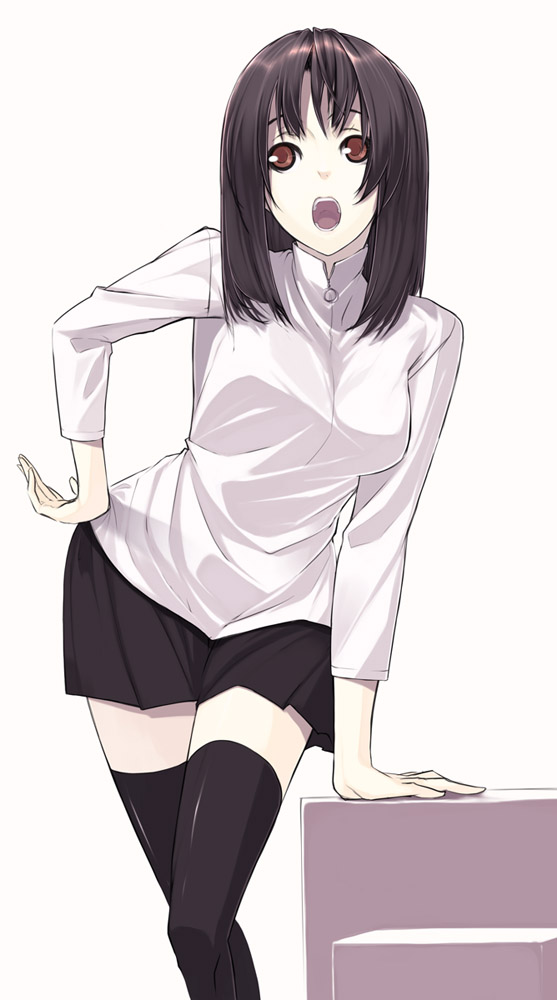 senmu (senmudayo), black hair, brown eyes, hand on own hip, hip focus, open mouth, orange eyes, red eyes, school uniform, serafuku, skirt, solo, thighhighs, zettai ryouiki