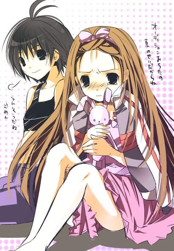taira tsukune, kikuchi makoto, minase iori, idolmaster, idolmaster (classic), idolmaster 1, 00s, 2girls, androgynous, antenna hair, bare legs, barefoot, between legs, black hair, blush, collarbone, dress, looking at viewer, multiple girls, pink dress, pointy ears, short hair, sitting, stuffed animal, stuffed rabbit, stuffed toy, tank top