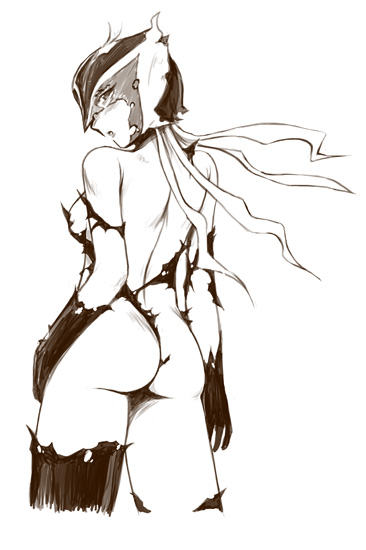 noise (tsuzuki), doronjo, tatsunoko production, time bokan (series), yatterman, 1girl, ass, back, boots, cropped legs, elbow gloves, female focus, from behind, gloves, greyscale, leotard, long hair, looking at viewer, looking back, mask, monochrome, sketch, solo, thigh boots, thighhighs, torn clothes, torn leotard