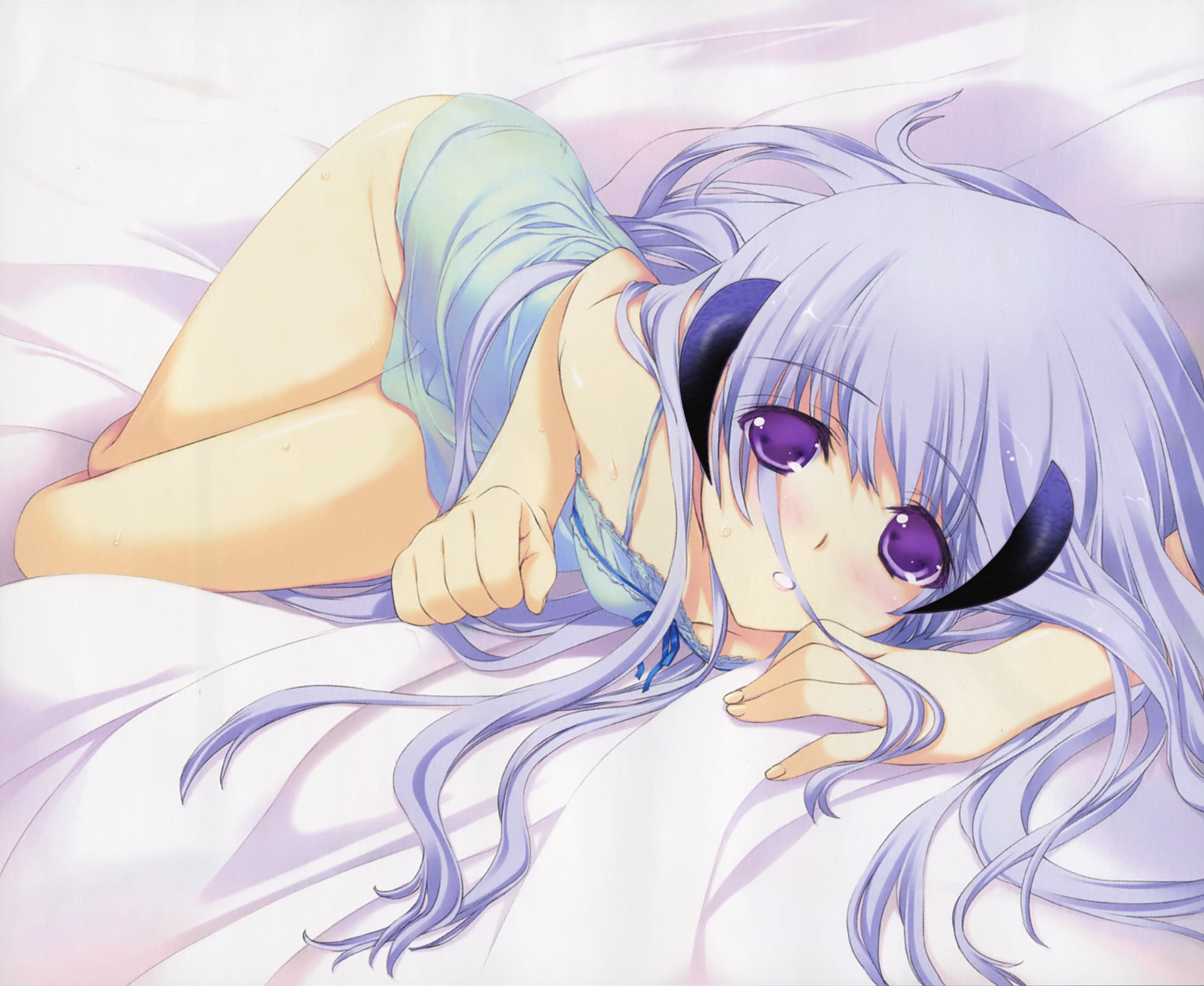 iizuki tasuku, hanyuu, higurashi no naku koro ni, muv-luv, muv-luv alternative, muv-luv total eclipse, total eclipse, highres, third-party edit, 00s, aged up, bed, blush, horns, solo