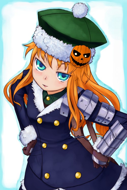 daizan (mount position), gunner (sekaiju), gunner 2 (sekaiju), pyro jack, atlus, etrian odyssey, 1girl, blue eyes, coat, female focus, hair ornament, hat, long hair, orange hair, solo