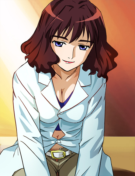 haruyama kazunori, sagisawa youko, my-hime, 00s, 1girl, belt, blue eyes, breasts, brown hair, cleavage, female focus, lab coat, large breasts, navel, solo