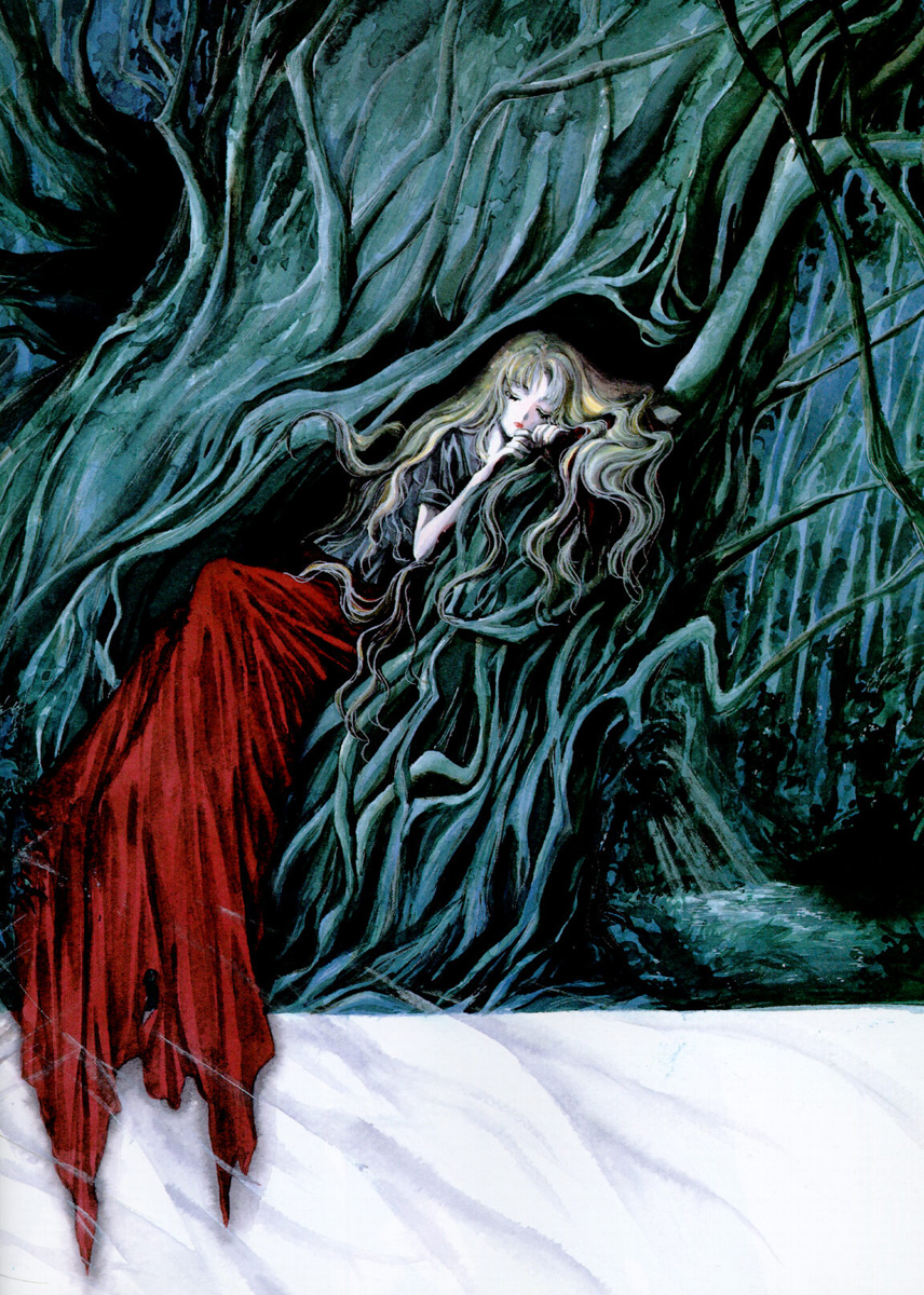 yuki kaori, mudou sara, angel cage, angel sanctuary, artbook, highres, 1girl, blonde hair, female focus, forest, in tree, long hair, nature, night, shirt, skirt, sleeping, solo, tree, wavy hair