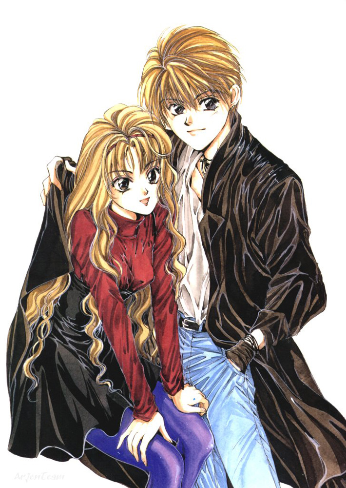 yuki kaori, mudou sara, mudou setsuna, angel cage, angel sanctuary, artbook, 1boy, 1girl, belt, black eyes, black gloves, blonde hair, brother and sister, coat, couple, denim, earrings, fingerless gloves, gloves, hand in pocket, hetero, incest, jeans, jewelry, long hair, necklace, open mouth, overcoat, pants, pantyhose, short hair, siblings, skirt, turtleneck, wavy hair