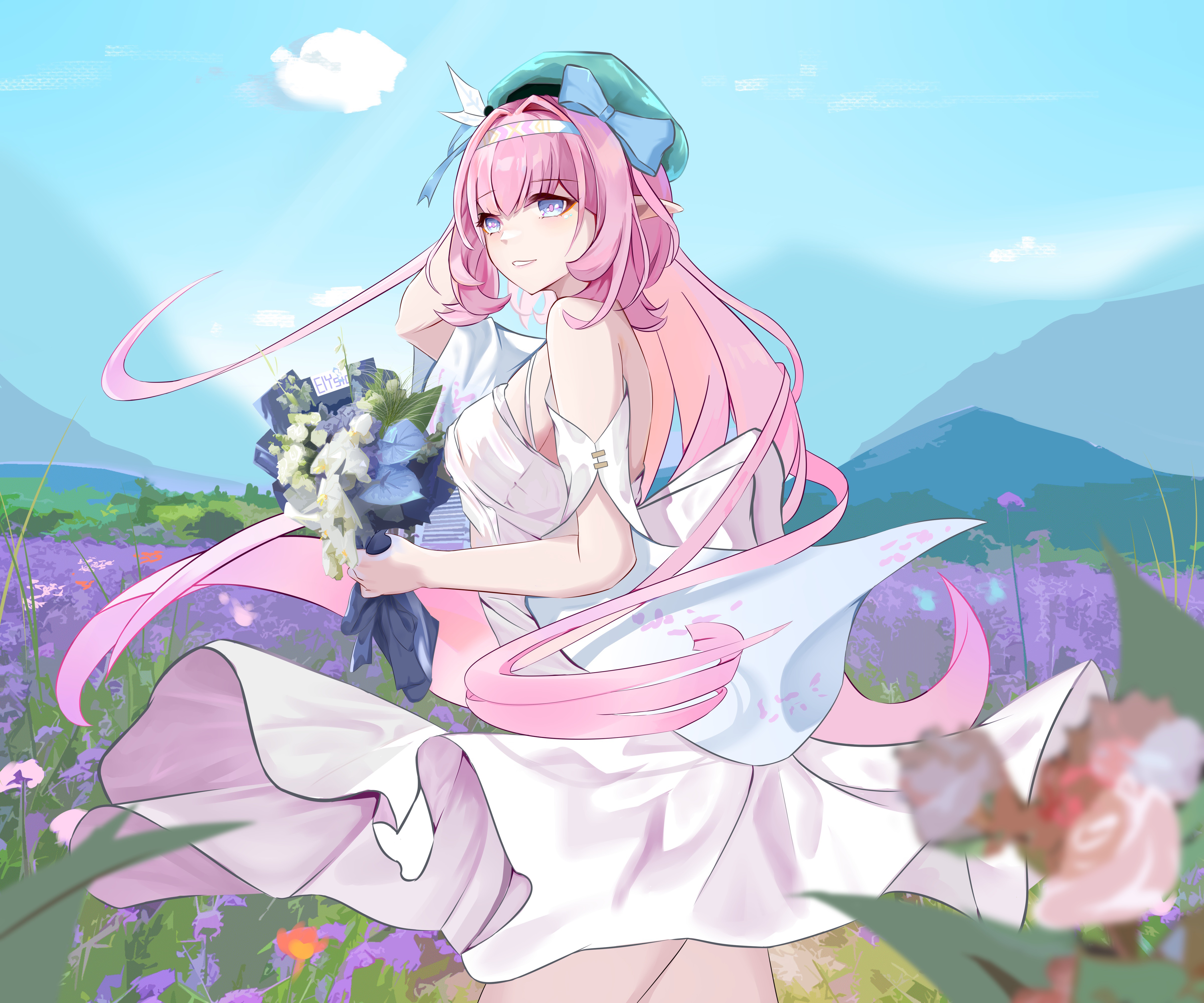 qianying, elysia (honkai impact), honkai (series), honkai impact 3rd, absurdres, chinese commentary, commentary request, highres, 1girl, alternate costume, blue eyes, blue sky, bouquet, breasts, dress, elf, field, flower, flower field, from side, hairband, holding, holding bouquet, long hair, medium breasts, outdoors, parted lips, pink hair, pointy ears, sky, solo, very long hair, white dress, white hairband