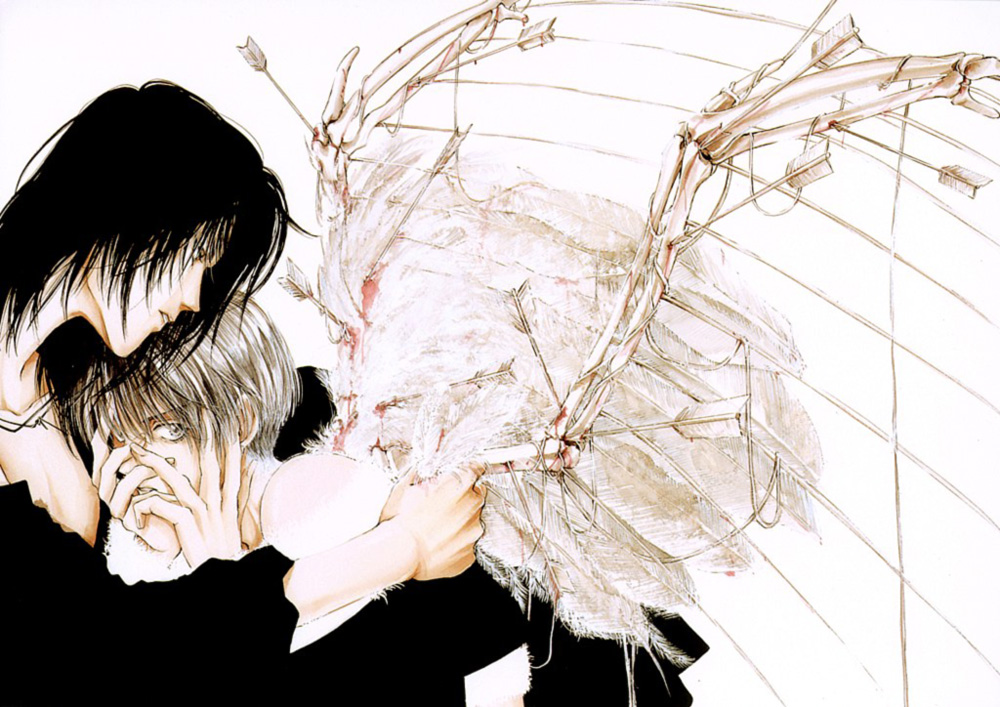 yuki kaori, kira sakuya, mudou setsuna, angel cage, angel sanctuary, silver hair, artbook, 2boys, arrow (projectile), black hair, bone, grey eyes, hands on own face, holding, jewelry, male focus, multiple boys, necklace, parted lips, short hair, upper body, white background, wings