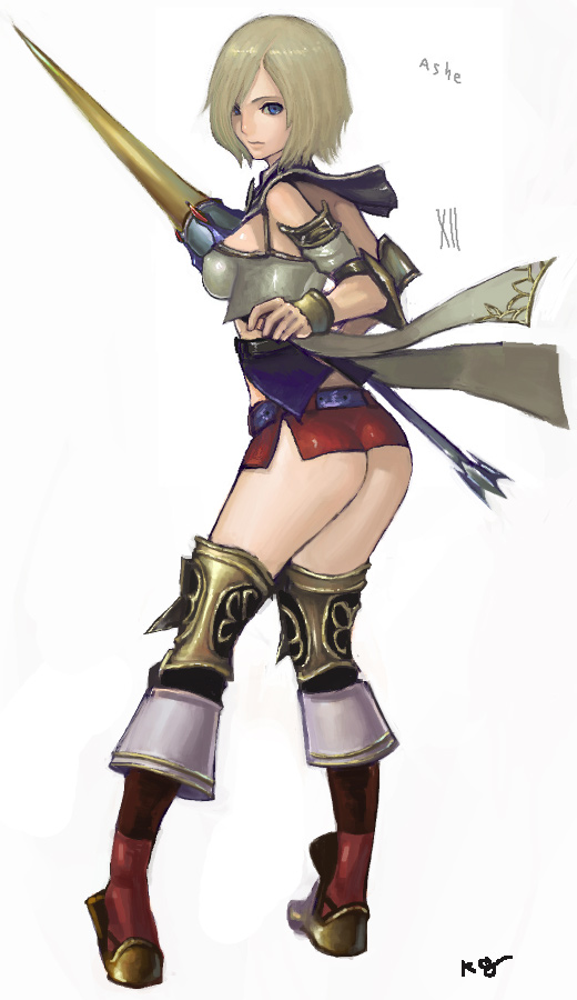 meme50, ashelia b'nargin dalmasca, final fantasy, final fantasy xii, bad id, bad pixiv id, 00s, 1girl, armor, ass, blonde hair, blue eyes, breasts, female focus, full body, miniskirt, short hair, simple background, skirt, solo
