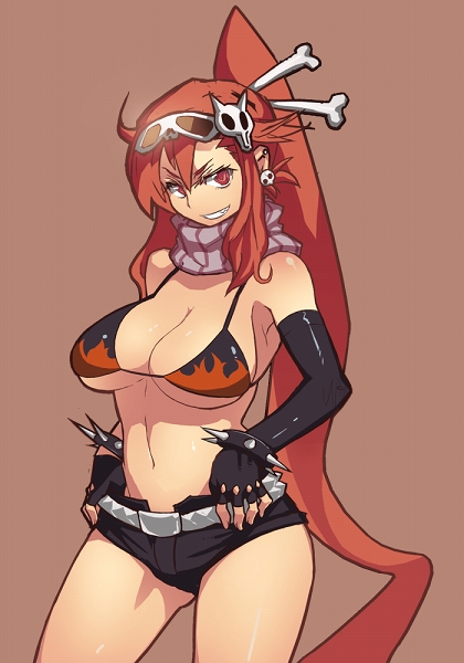 meme50, yoko littner, tengen toppa gurren lagann, 00s, 1girl, belt, bikini, bikini top only, bracelet, breasts, chopsticks, cleavage, elbow gloves, female focus, fingerless gloves, gloves, grin, hair ornament, huge breasts, jewelry, large breasts, long hair, ponytail, red hair, scarf, short shorts, shorts, sideboob, smile, solo, spiked bracelet, spikes, striped clothes, striped scarf, sunglasses, swimsuit, thighhighs, thighs, underboob, very long hair, yellow eyes