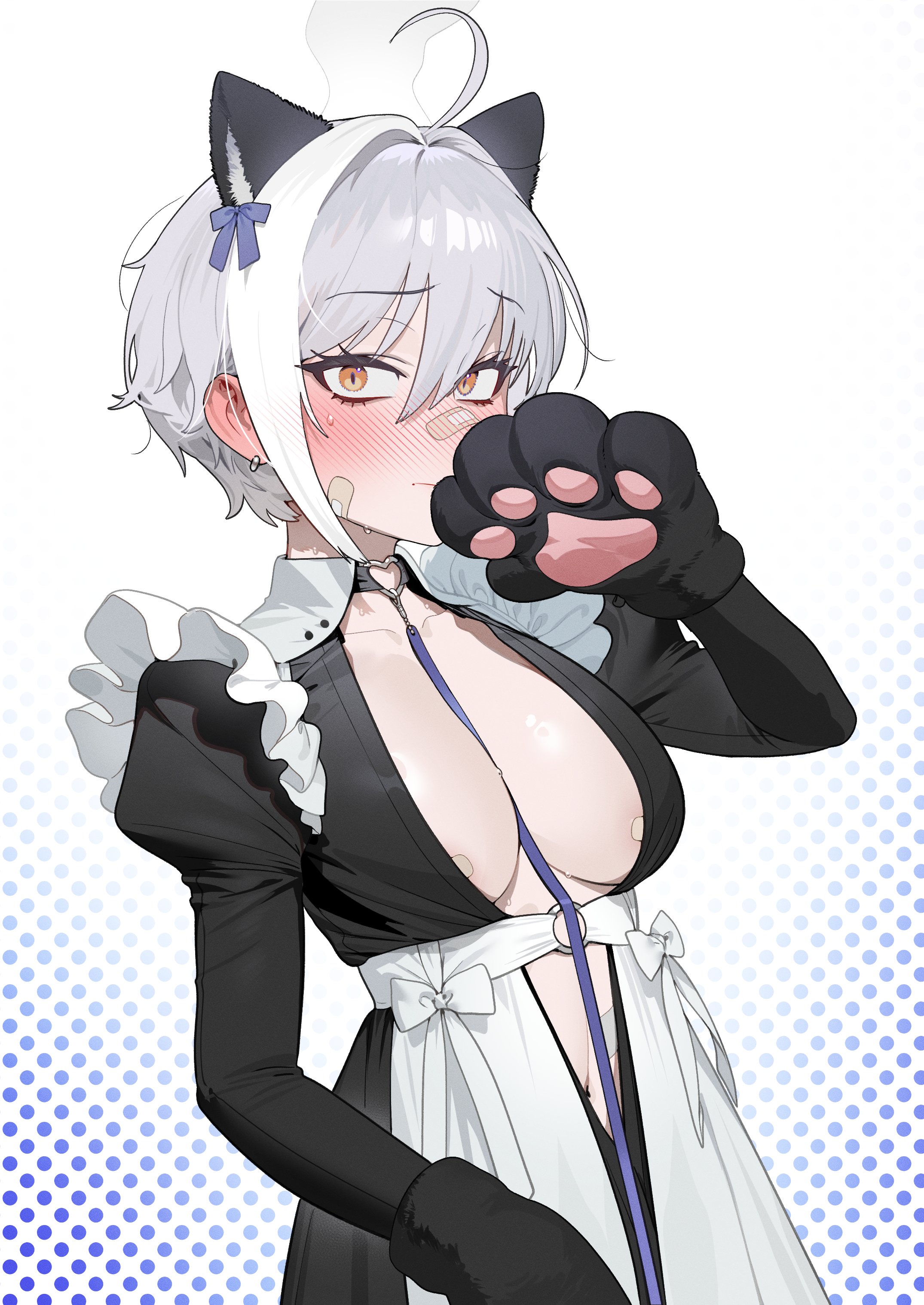 sohn woohyoung, mori (nikke), goddess of victory: nikke, absurdres, highres, 1girl, ahoge, animal ears, animal hands, bandaid, bandaid on cheek, bandaid on face, bandaid on nose, bandaids on nipples, black dress, blue ribbon, blush, breasts, cat ears, collar, collarbone, covering own mouth, dotted background, dress, ear blush, earrings, embarrassed, fake animal ears, frilled dress, frills, gloves, gradient background, grey hair, hair between eyes, hair intakes, hair ribbon, hand up, heart collar, jewelry, juliet sleeves, leash, long sleeves, looking at viewer, medium breasts, multicolored hair, open clothes, pasties, paw gloves, puffy sleeves, ribbon, short hair, standing, streaked hair, upper body, white background, white hair, white ribbon, yellow eyes