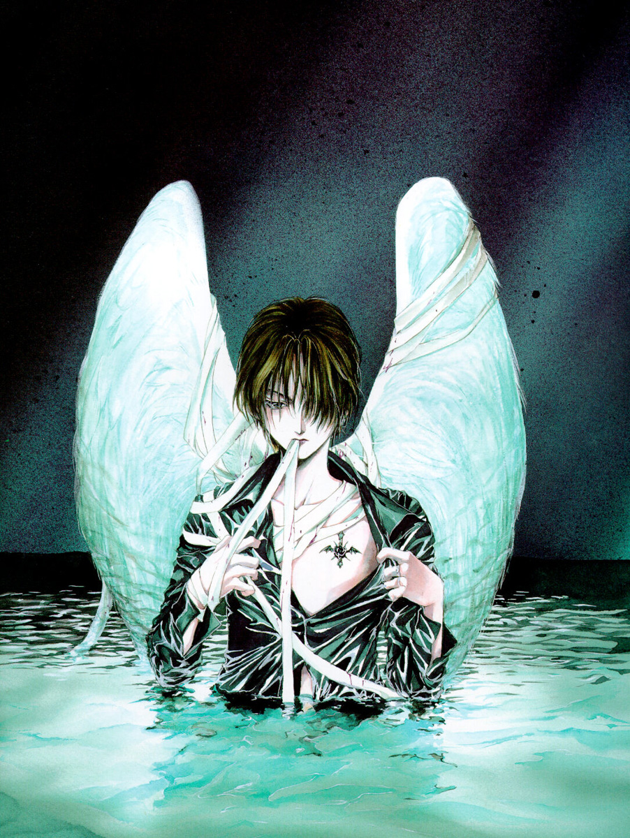 yuki kaori, mudou setsuna, angel cage, angel sanctuary, artbook, highres, 1boy, angel wings, bandages, brown hair, hair over one eye, lips, male focus, mouth hold, partially submerged, shirt, short hair, solo, tattoo, water, wings