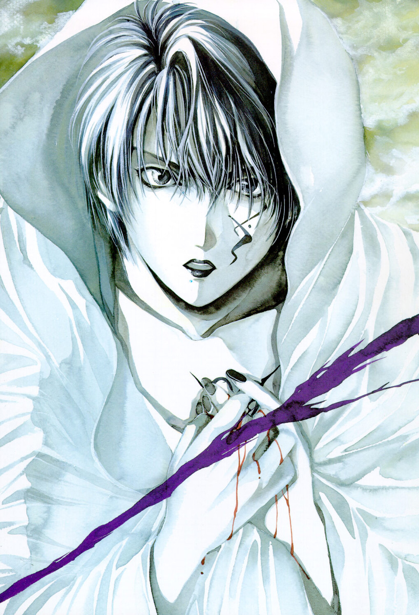 yuki kaori, mudou setsuna, angel cage, angel sanctuary, artbook, highres, 1boy, black nails, blood, cloak, colored skin, grey eyes, male focus, nail polish, short hair, solo, tattoo, white hair, white skin