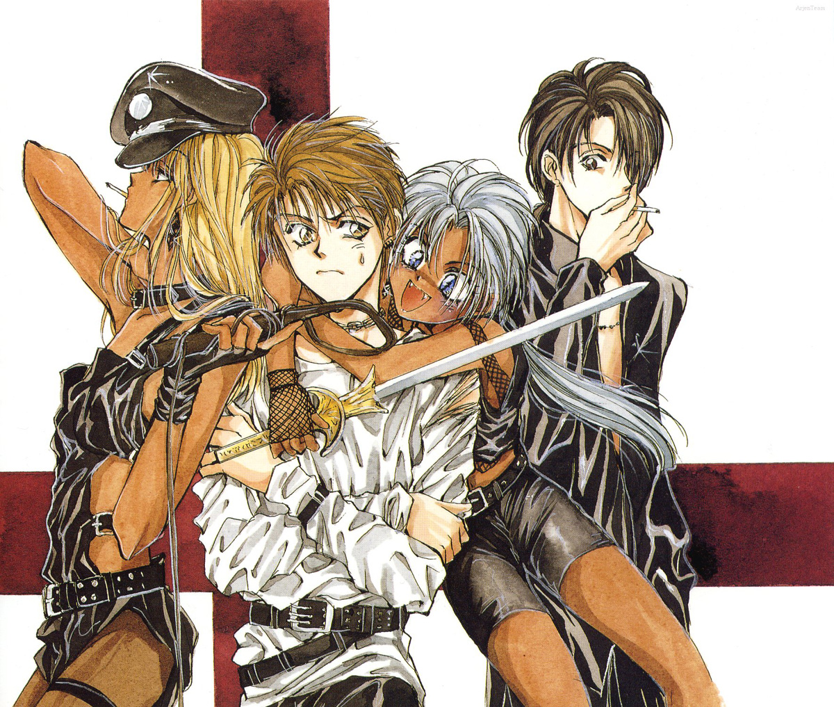 yuki kaori, arachne (angel sanctuary), kira sakuya, kurai, mudou setsuna, angel cage, angel sanctuary, silver hair, artbook, 1girl, 2boys, androgynous, arachne, arthropod girl, belt, black gloves, blonde hair, blue eyes, brown hair, cigarette, collar, crossdressing, crossed arms, dark skin, demon, earrings, fangs, fingerless gloves, fishnets, glomp, gloves, hat, hug, hug from behind, insect girl, jewelry, leather, long hair, midriff, monster girl, mouth hold, multiple boys, necklace, open mouth, ponytail, short hair, smile, spider girl, sweatdrop, sword, taur, weapon, whip, yellow eyes