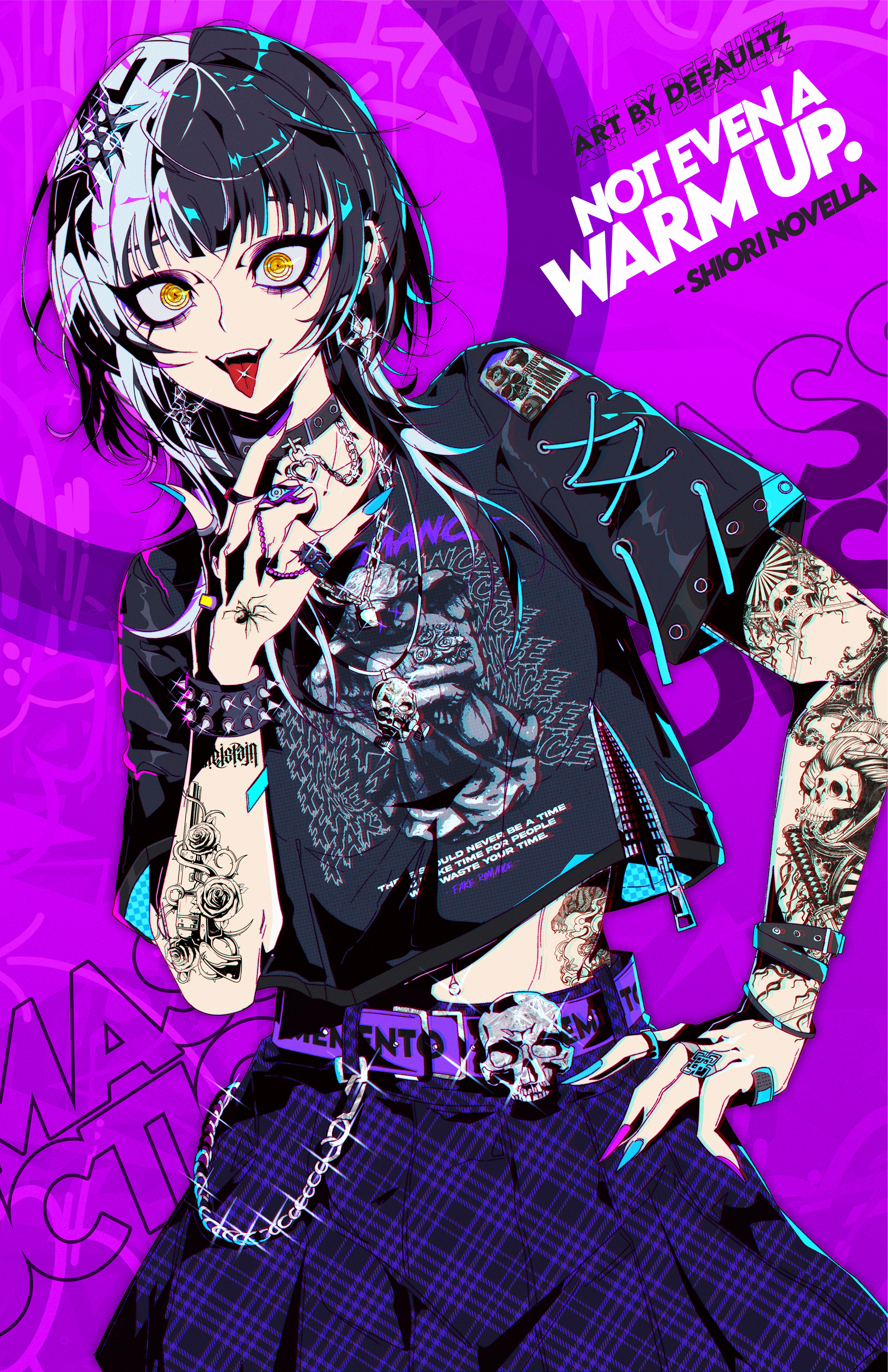 defaultz, shiori novella, hololive, hololive english, absurdres, highres, 1girl, alternate costume, arm tattoo, belt, black choker, black hair, black shirt, bracelet, character name, choker, grey hair, jewelry, looking at viewer, multicolored hair, navel piercing, necklace, open mouth, piercing, print shirt, purple belt, purple skirt, ringed eyes, shirt, skirt, solo, spiked bracelet, spikes, split-color hair, tattoo, tongue, tongue out, two-tone hair, virtual youtuber, yellow eyes