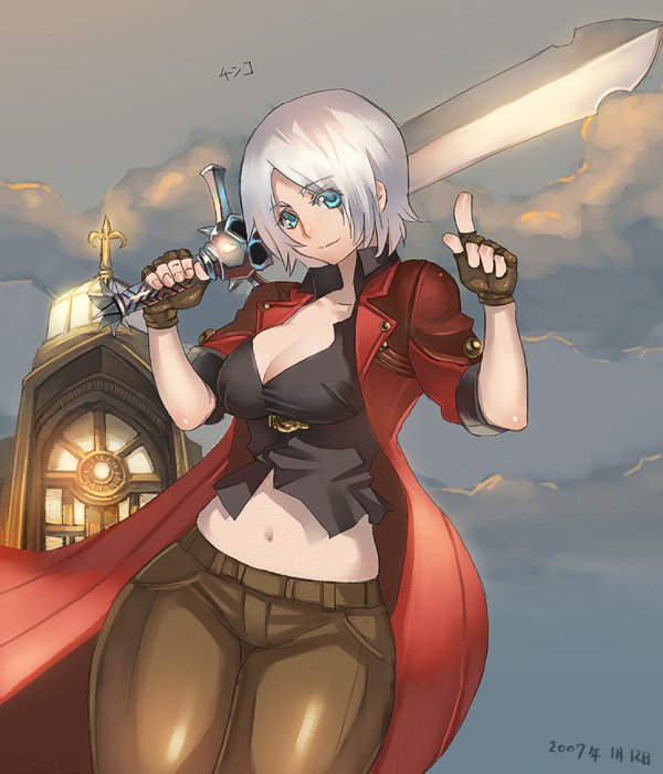 meme50, dante, dante (devil may cry), rebellion (sword), capcom, devil may cry (series), 00s, 1girl, breasts, church, curvy, female focus, fingerless gloves, genderswap, genderswap (mtf), gloves, green eyes, hip focus, large breasts, leather, leather pants, midriff, pants, short hair, solo, sword, weapon, white hair, wide hips
