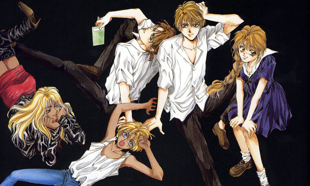yuki kaori, arachne (angel sanctuary), kira sakuya, kurai, mudou sara, mudou setsuna, angel cage, angel sanctuary, artbook, 2boys, 3girls, androgynous, arachne, armpits, arms up, arthropod girl, black background, blonde hair, blue eyes, book, boots, braid, brown eyes, brown hair, crossdressing, dark skin, demon, denim, fang, flat chest, hands on own face, head rest, insect girl, jacket, jeans, leather, leather jacket, long hair, lying, miniskirt, monster girl, multiple boys, multiple girls, on back, on stomach, open mouth, pants, parted lips, ponytail, school uniform, serafuku, short hair, single braid, sitting, skirt, smile, spider girl, tank top, taur, tomboy