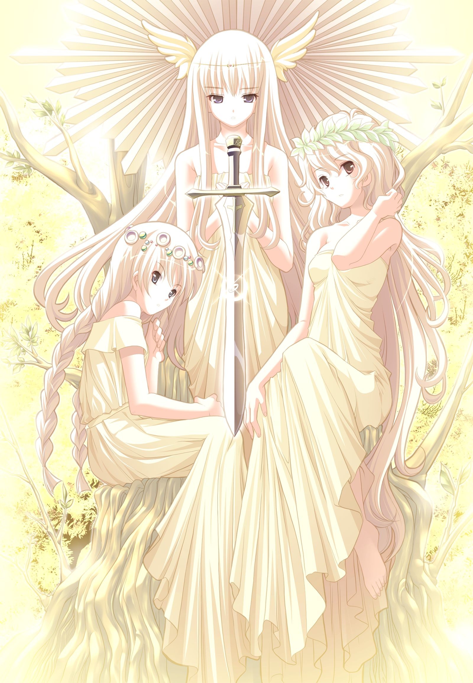 tsurugi hagane, shirogane no soleil, game cg, highres, 3girls, adjusting hair, angel wings, armpits, bare shoulders, barefoot, blue eyes, braid, brown eyes, circlet, feet, flat chest, glowing, hair ornament, hands on own chest, head wreath, in tree, long hair, looking at viewer, looking back, multiple girls, nature, off shoulder, sidelocks, sitting, sitting in tree, sparkle, standing, sword, tree, twin braids, very long hair, wavy hair, weapon, white hair, wings