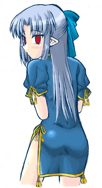 len (tsukihime), melty blood, tsukihime, type-moon, 00s, 1girl, blue hair, blush, china dress, chinese clothes, dress, female focus, from behind, half updo, looking back, pointy ears, red eyes, side slit, solo