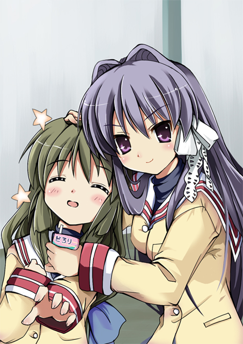 yuuya mikuru, fujibayashi kyou, ibuki fuuko, clannad, bad id, bad pixiv id, 00s, 2girls, closed eyes, green hair, juice box, long hair, multiple girls, purple eyes, purple hair, school uniform