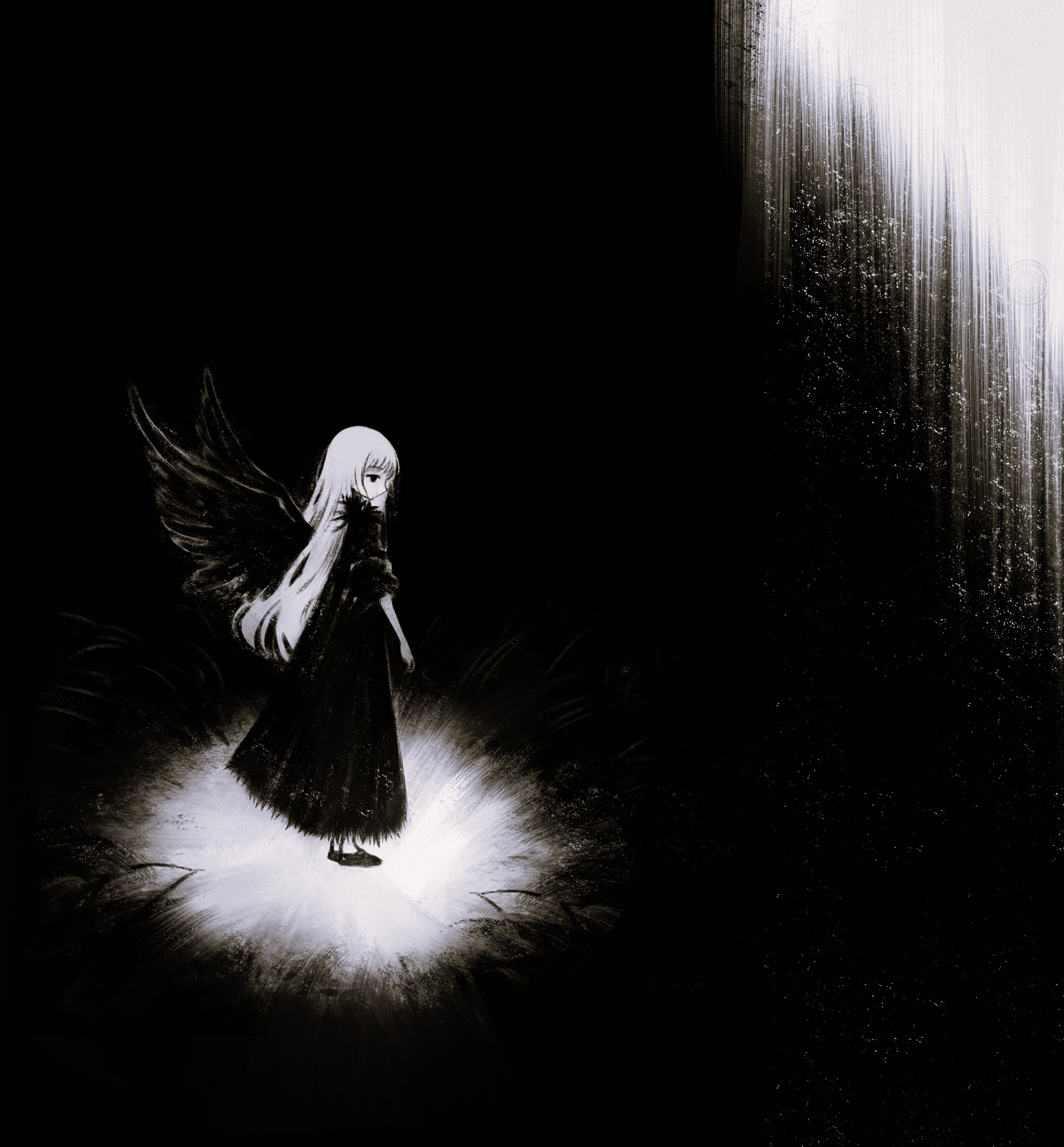 withergodwings, original, absurdres, highres, 1girl, angel wings, closed mouth, dark, dress, feathered wings, from side, greyscale, light smile, long hair, monochrome, shoes, sleeves rolled up, solo, wings