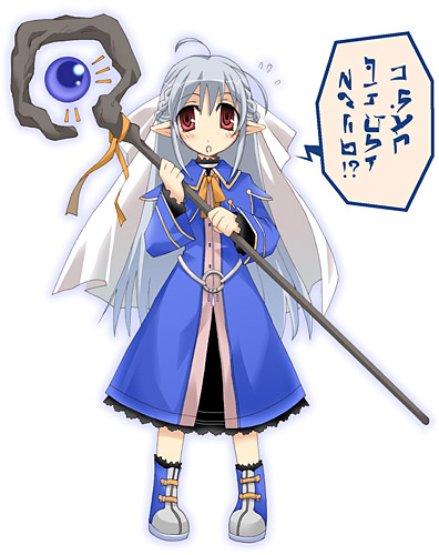 white len (tsukihime), melty blood, tsukihime, type-moon, lowres, translation request, albino, cosplay, pointy ears, red eyes, solo, white hair