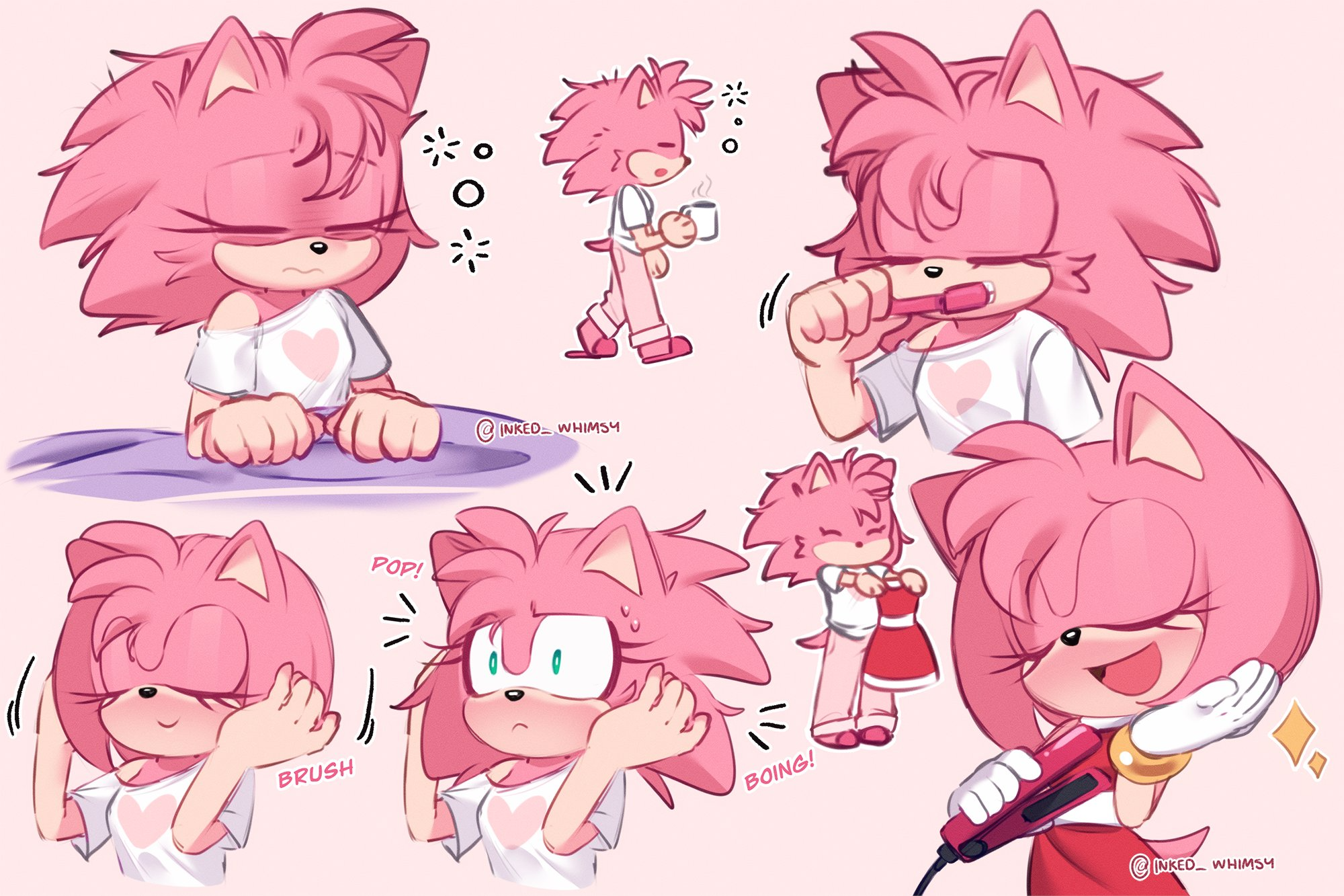 inked whimsy, amy rose, sega, sonic (series), barefoot, brushing hair, brushing teeth, coffee mug, cup, dress, eyelashes, gloves, green eyes, hedgehog, mug, pajamas, pants, pink fur, pink hair, shirt, slippers, sweatdrop, tail, toothbrush, waking up