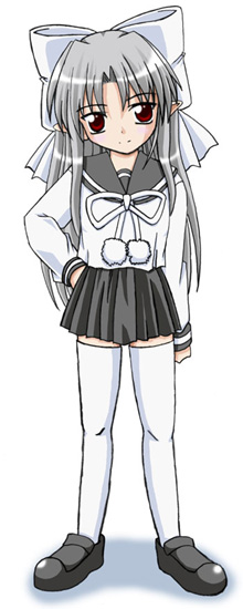 white len (tsukihime), dai (series), daiakuji, melty blood, tsukihime, type-moon, 1girl, albino, bad anatomy, cosplay, female focus, pointy ears, poorly drawn, red eyes, school uniform, serafuku, solo, thighhighs, white hair