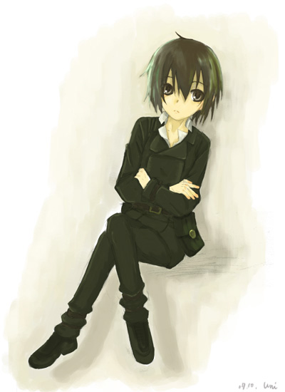 milkcube102, kino (kino no tabi), kino no tabi, 00s, 1girl, androgynous, artist name, belt, black hair, brown eyes, crossed arms, crossed legs, female focus, reverse trap, short hair, sitting, solo