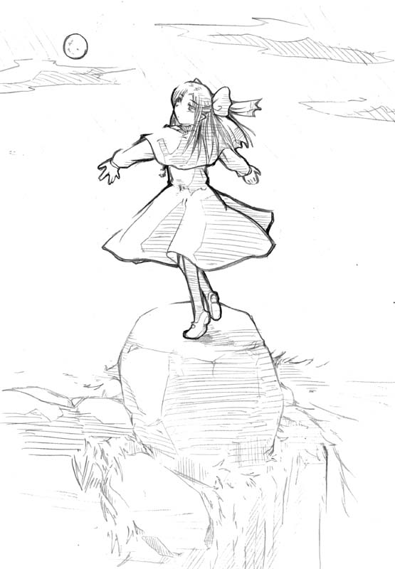 len (tsukihime), melty blood, tsukihime, type-moon, 00s, 1girl, dress, female focus, full moon, greyscale, monochrome, moon, pointy ears, solo