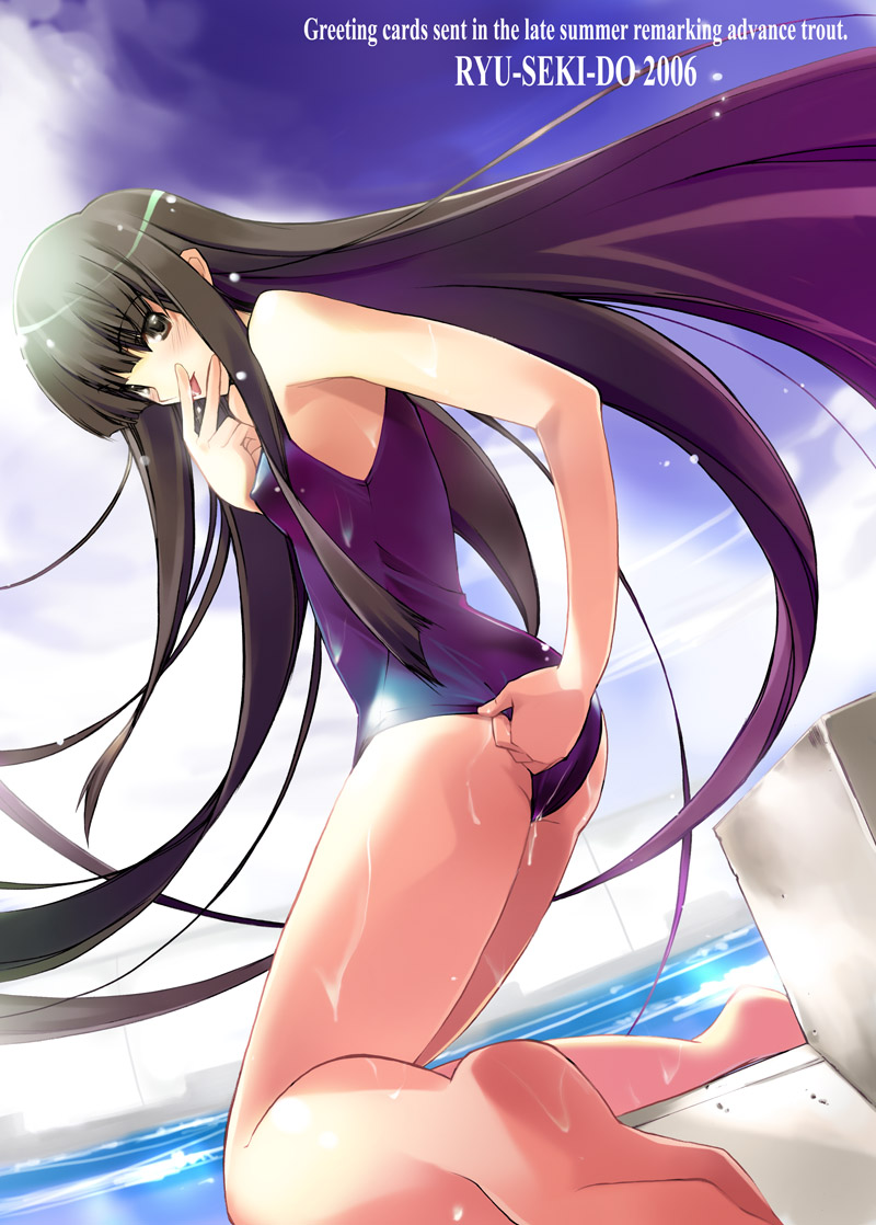 nagare hyougo, futami eriko, kimi kiss, 00s, 1girl, 2006, barefoot, feet, female focus, long hair, one-piece swimsuit, purple one-piece swimsuit, purple school swimsuit, school swimsuit, soles, solo, swimsuit, tongue
