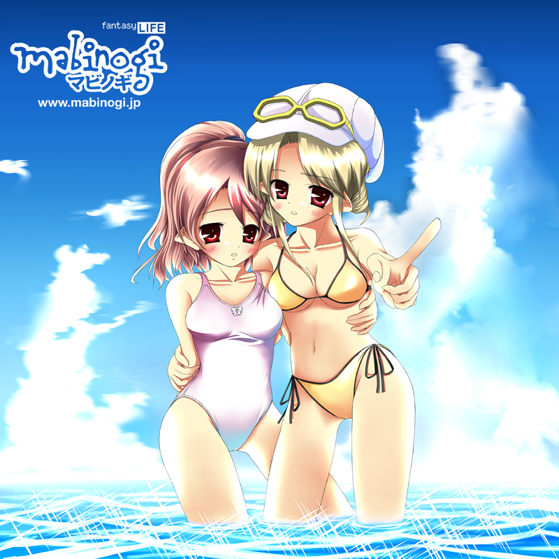 player character (mabinogi), mabinogi, 2girls, beach, bikini, blonde hair, breasts, cleavage, cloud, day, large breasts, multiple girls, outdoors, pink hair, red eyes, side-tie bikini bottom, sky, swimsuit