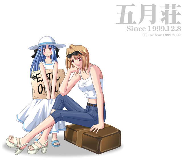 toshibou (satsukisou), arcueid brunestud, len (tsukihime), melty blood, tsukihime, type-moon, 00s, 2girls, arm support, artist name, blonde hair, blue hair, dress, eyewear on head, hat, long hair, multiple girls, pointy ears, red eyes, short hair, sitting, sundress, sunglasses, white dress