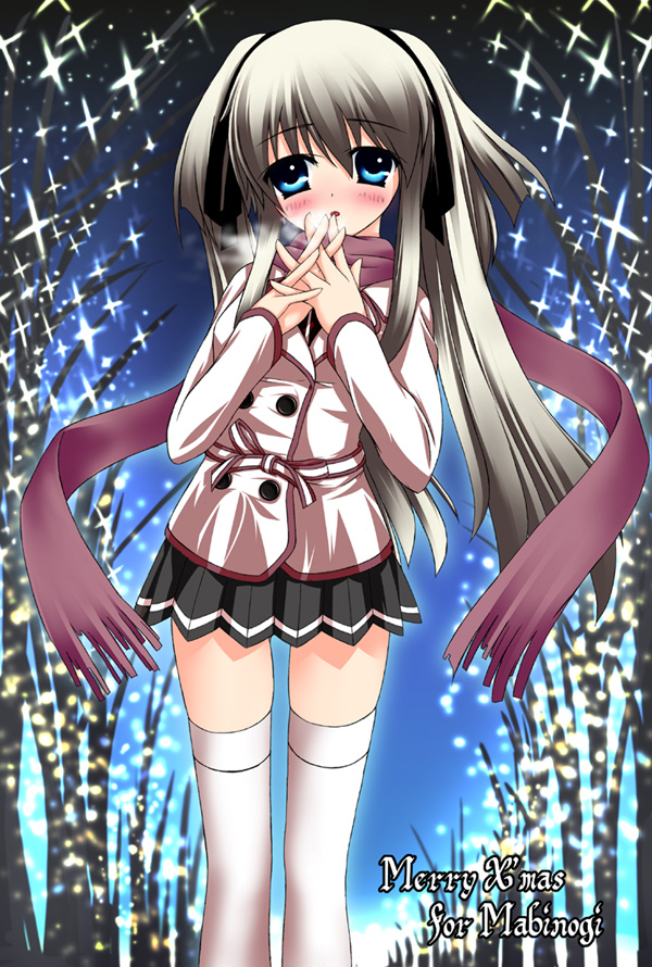 nao (mabinogi), mabinogi, 1girl, christmas, female focus, long hair, scarf, skirt, snow, solo, thighhighs