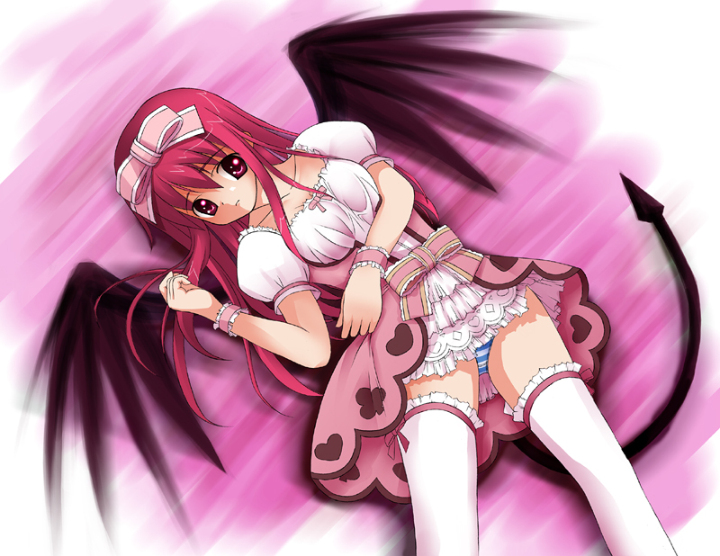 emil chronicle online, bat wings, demon tail, hair ribbon, panties, pantyshot, pink hair, ribbon, solo, tail, thighhighs, underwear, wings