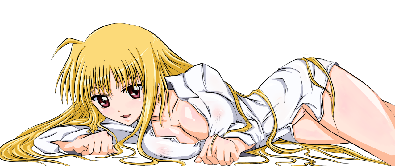 fate testarossa, lyrical nanoha, mahou shoujo lyrical nanoha, mahou shoujo lyrical nanoha strikers, 00s, 1girl, blonde hair, breasts, cleavage, female focus, large breasts, long hair, lying, open clothes, open shirt, pussy, red eyes, shirt, solo, uncensored, very long hair