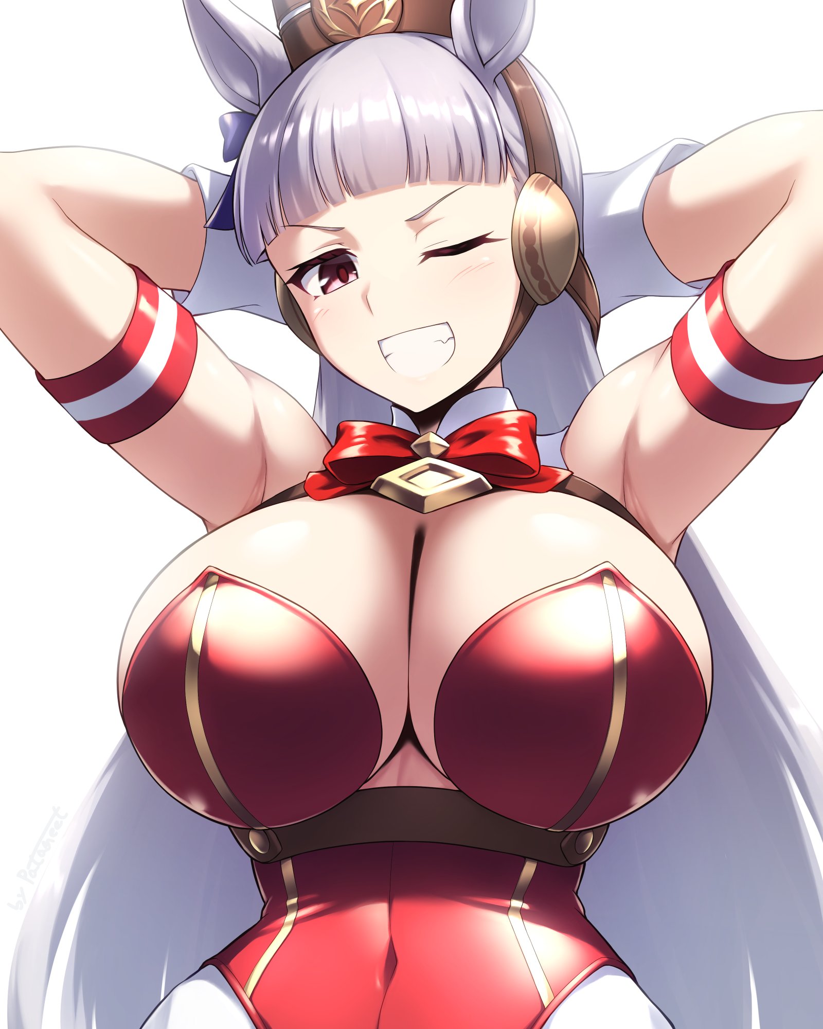 pataneet, gold ship (umamusume), umamusume, highres, 1girl, adapted costume, alternate breast size (larger), animal ears, arms behind back, blunt bangs, bow, bowtie, breasts, brown eyes, cleavage, grey hair, grin, horse ears, horse girl, huge breasts, leotard, long hair, looking at viewer, pillbox hat, red bow, red bowtie, red leotard, simple background, smile, solo, strapless, strapless leotard, white background