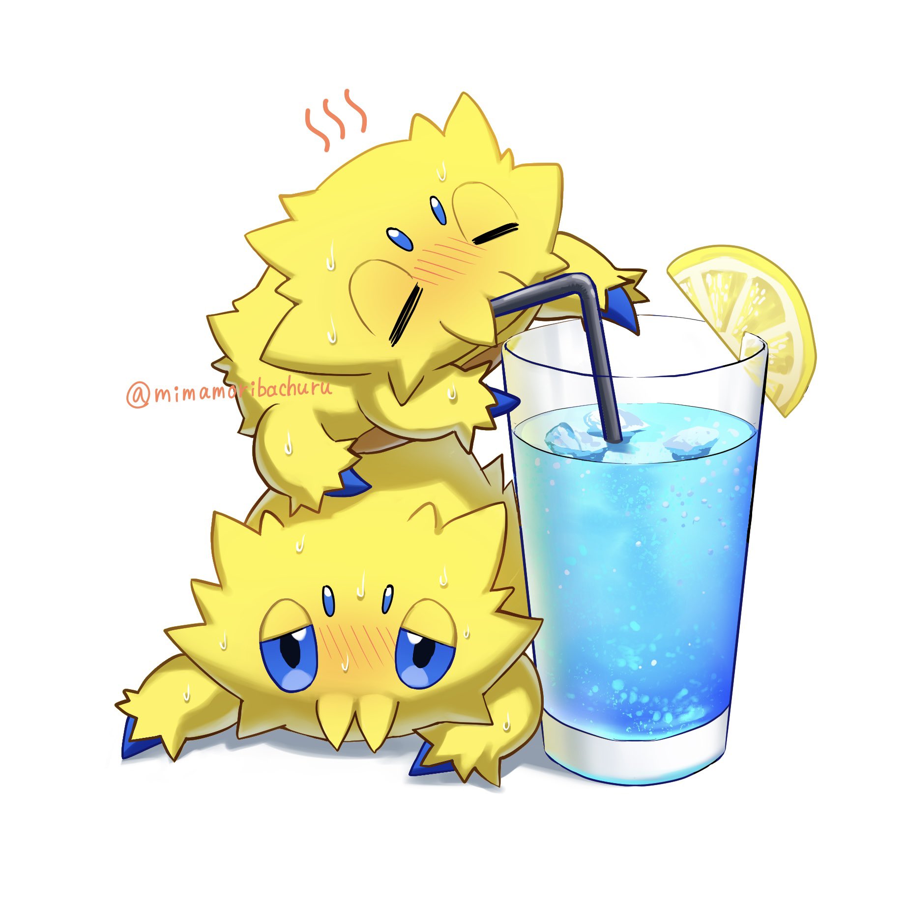 joltik, nintendo, pokemon, commentary request, highres, blush, bug, closed eyes, cup, drink, drinking, drinking straw, food, fruit, gen 5 pokemon, ice, lemon, lemon slice, lying, mimamoribachuru, no humans, pokemon (creature), pokemon focus, spider, sweat, twitter username