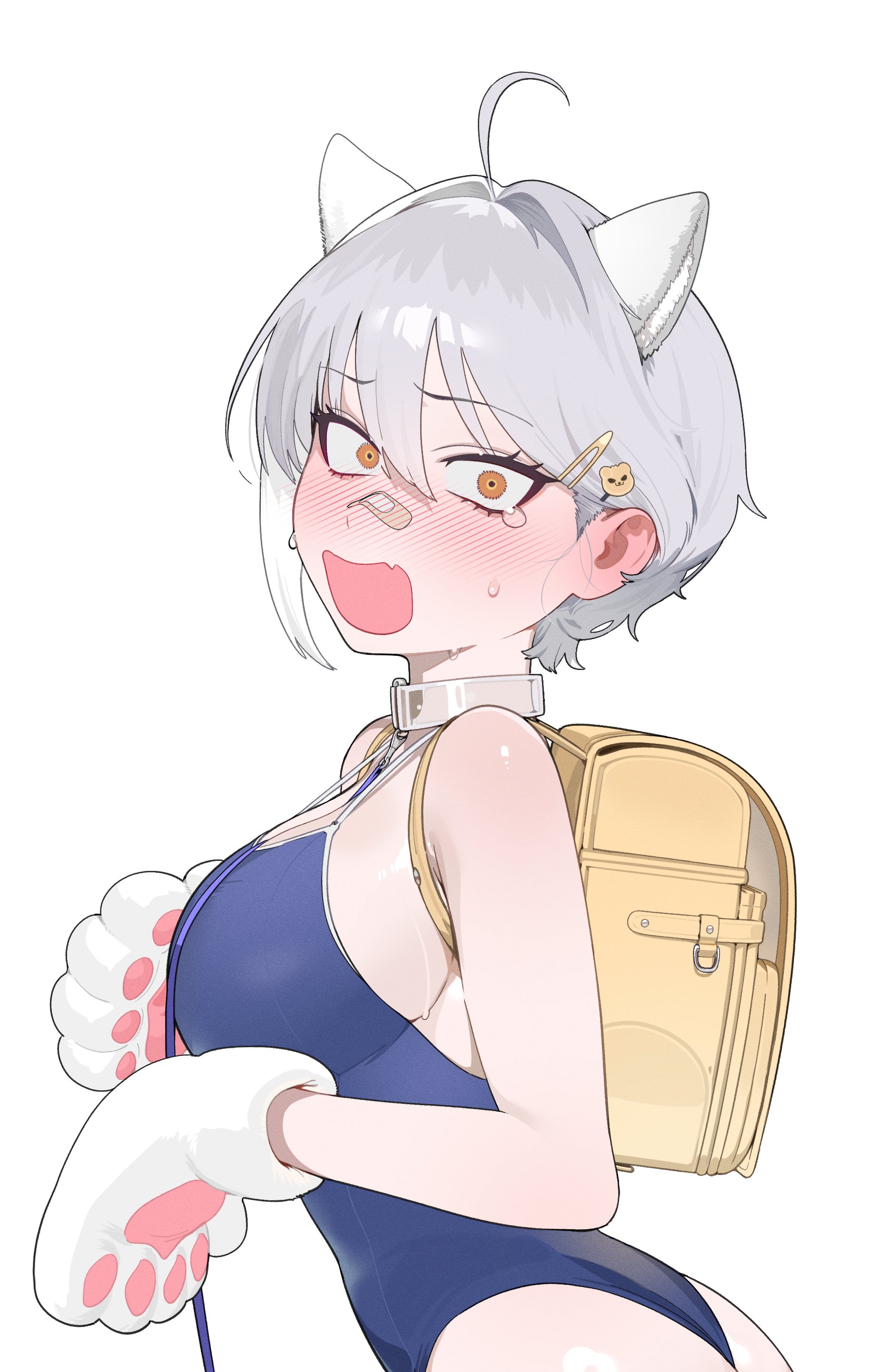 sohn woohyoung, mori (nikke), goddess of victory: nikke, absurdres, highres, 1girl, ahoge, animal ears, animal hands, backpack, bag, bandaid, bandaid on face, bandaid on nose, blue one-piece swimsuit, blush, breasts, cat ears, collar, ear blush, embarrassed, fake animal ears, from side, gloves, grey hair, hair between eyes, hair intakes, hair ornament, hairclip, hands up, leash, looking at viewer, medium breasts, one-piece swimsuit, open mouth, paw gloves, randoseru, short hair, solo, standing, sweat, swimsuit, tearing up, white background, yellow bag, yellow eyes