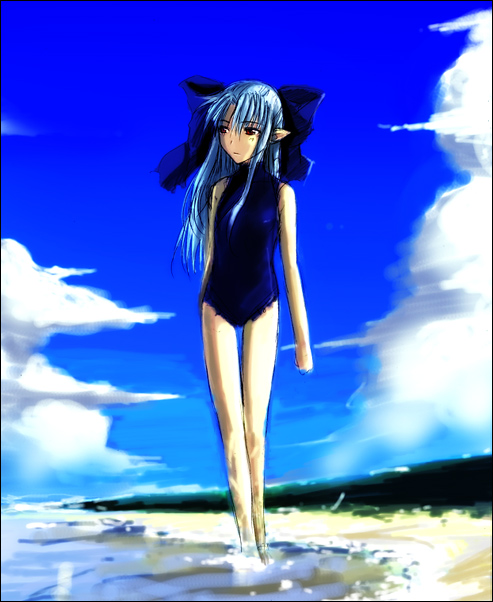 len (tsukihime), melty blood, tsukihime, type-moon, 00s, 1girl, blue hair, female focus, half updo, one-piece swimsuit, pointy ears, red eyes, solo, swimsuit