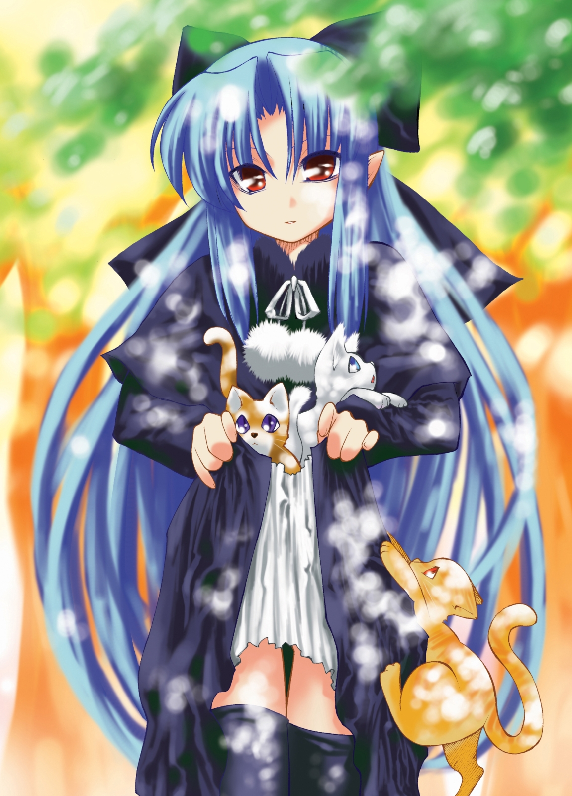 len (tsukihime), melty blood, tsukihime, type-moon, highres, 00s, blue hair, cat, pointy ears, red eyes, solo, thighhighs