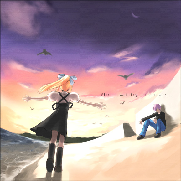 koyama tomosato, kamio misuzu, kunisaki yukito, air (visual novel), 00s, 1boy, 1girl, against wall, backlighting, beach, black dress, blonde hair, denim, dress, evening, full body, jeans, long sleeves, outstretched arms, pants, puffy short sleeves, puffy sleeves, sand, shirt, shore, short sleeves, spread legs, standing, sun, sunlight, sunset, sweater, white shirt
