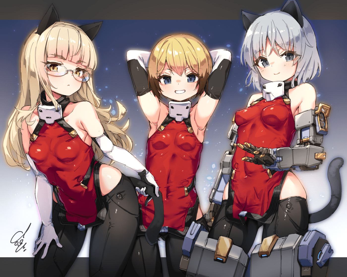doyouwantto, erica hartmann, perrine h. clostermann, sanya v. litvyak, alice gear aegis, strike witches, world witches series, commentary request, 3girls, animal ears, black thighhighs, blonde hair, blue eyes, blunt bangs, breasts, cat ears, cat tail, cowboy shot, creator connection, dog ears, grey eyes, grey hair, leotard, long hair, mechanical arms, multiple girls, red leotard, short hair, signature, single mechanical arm, small breasts, tail, thighhighs
