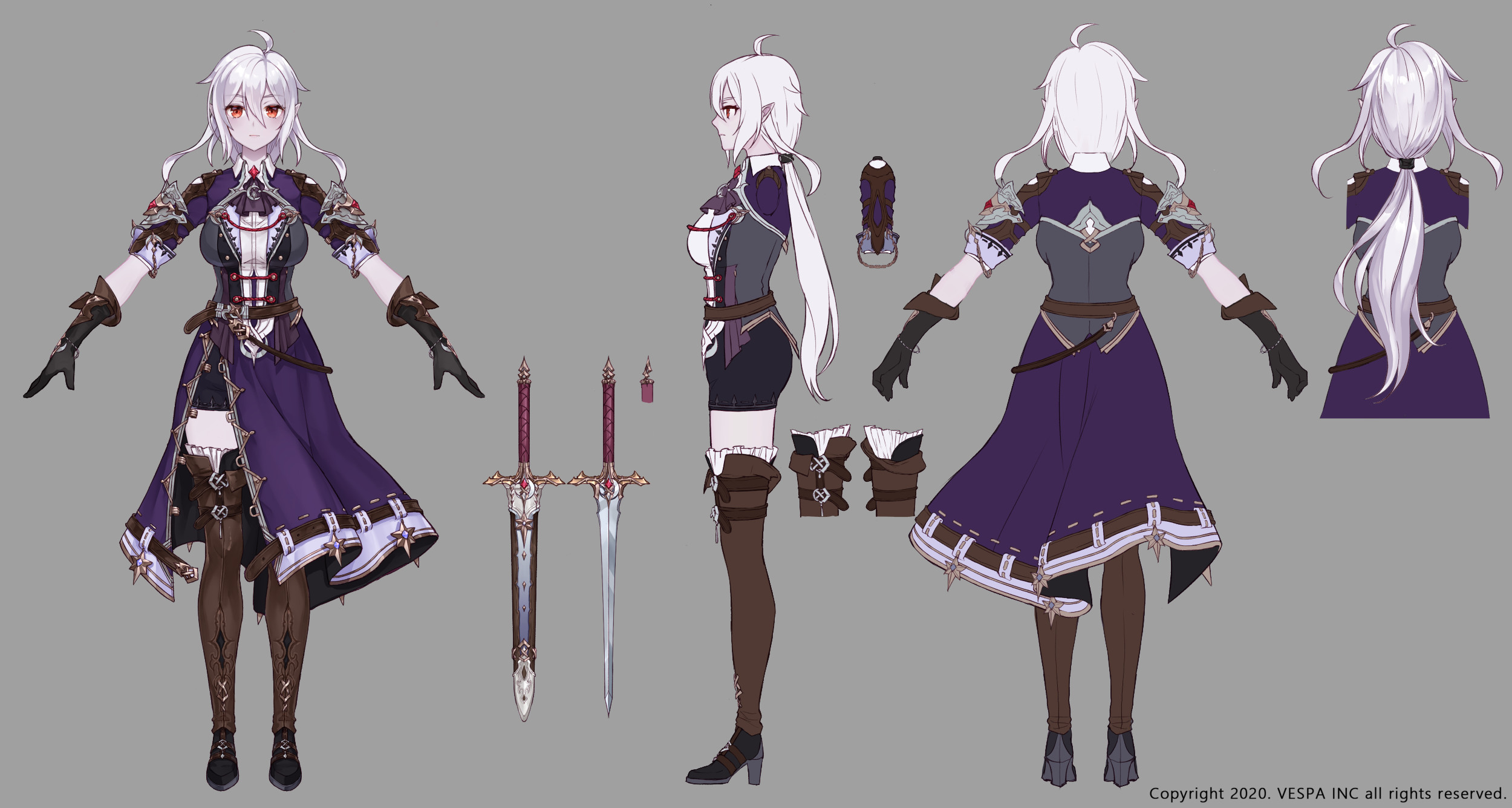 ezu (leejiyu), ripine (king's raid), king's raid, commentary request, concept art, highres, korean commentary, official art, 1girl, armor, belt, black coat, black gloves, boots, brown belt, brown boots, coat, colored skin, dark elf, dress, elf, full body, gloves, high heel boots, high heels, leather belt, long hair, multiple views, pointy ears, ponytail, purple dress, purple skin, red eyes, reference sheet, shoulder armor, solo, sword, thigh boots, turnaround, two-sided coat, two-sided fabric, weapon, white hair