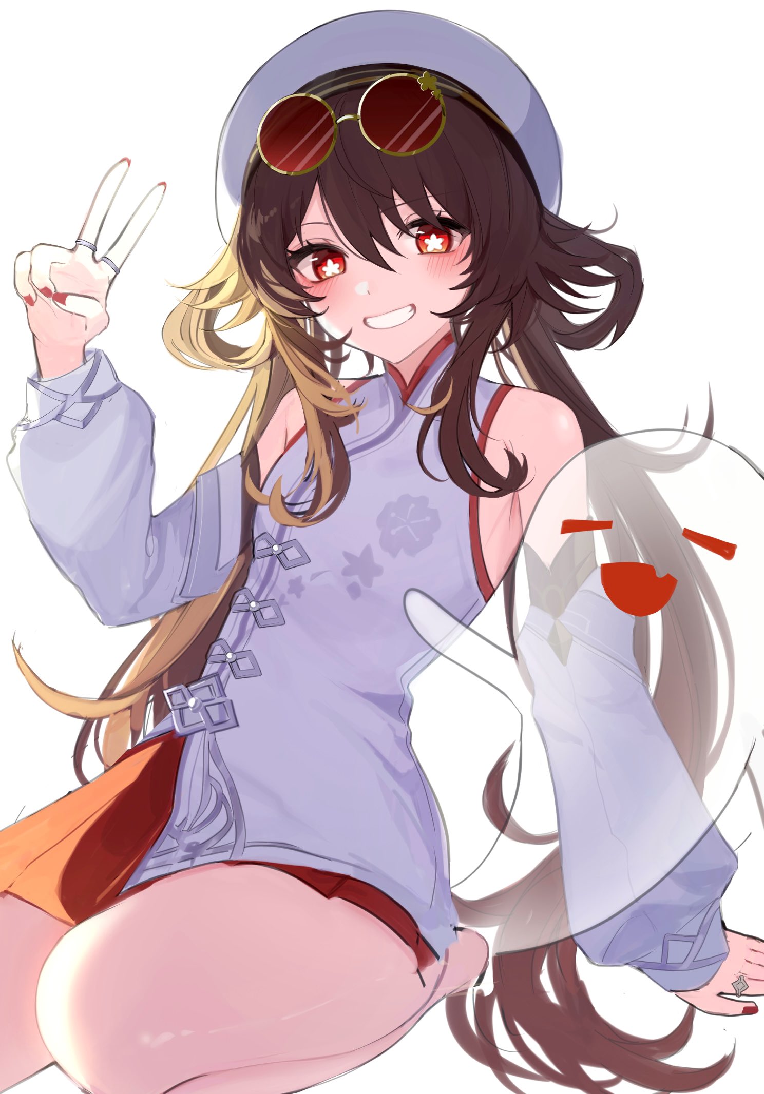 magnet 8 8, boo tao (genshin impact), hu tao (cherries snow-laden) (genshin impact), hu tao (genshin impact), genshin impact, highres, 1girl, bare shoulders, brown hair, chinese clothes, detached sleeves, eyewear on head, flower-shaped pupils, ghost, hair between eyes, hat, jewelry, light blush, long hair, long sleeves, looking at viewer, multiple rings, nail polish, official alternate costume, red-tinted eyewear, red eyes, ring, round eyewear, sidelocks, sitting, skirt, smile, sunglasses, symbol-shaped pupils, thighs, tinted eyewear, twintails, v, white background, white hat