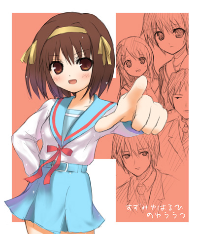 koyama tomosato, asahina mikuru, koizumi itsuki, kyon, nagato yuki, suzumiya haruhi, suzumiya haruhi no yuuutsu, lowres, 00s, 2boys, 3girls, :d, blue skirt, blush, cowboy shot, hair ribbon, hairband, hand on own hip, long sleeves, looking at viewer, multiple boys, multiple girls, open mouth, pleated skirt, pointing, ribbon, sailor collar, school uniform, serafuku, shirt, skirt, smile, tareme, white shirt