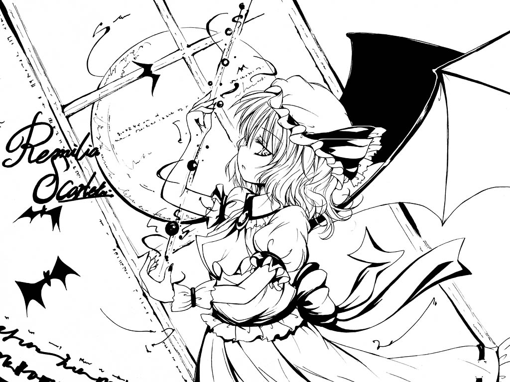 catbell, remilia scarlet, touhou, 1girl, bat wings, female focus, greyscale, hat, monochrome, short hair, solo, white background, wings