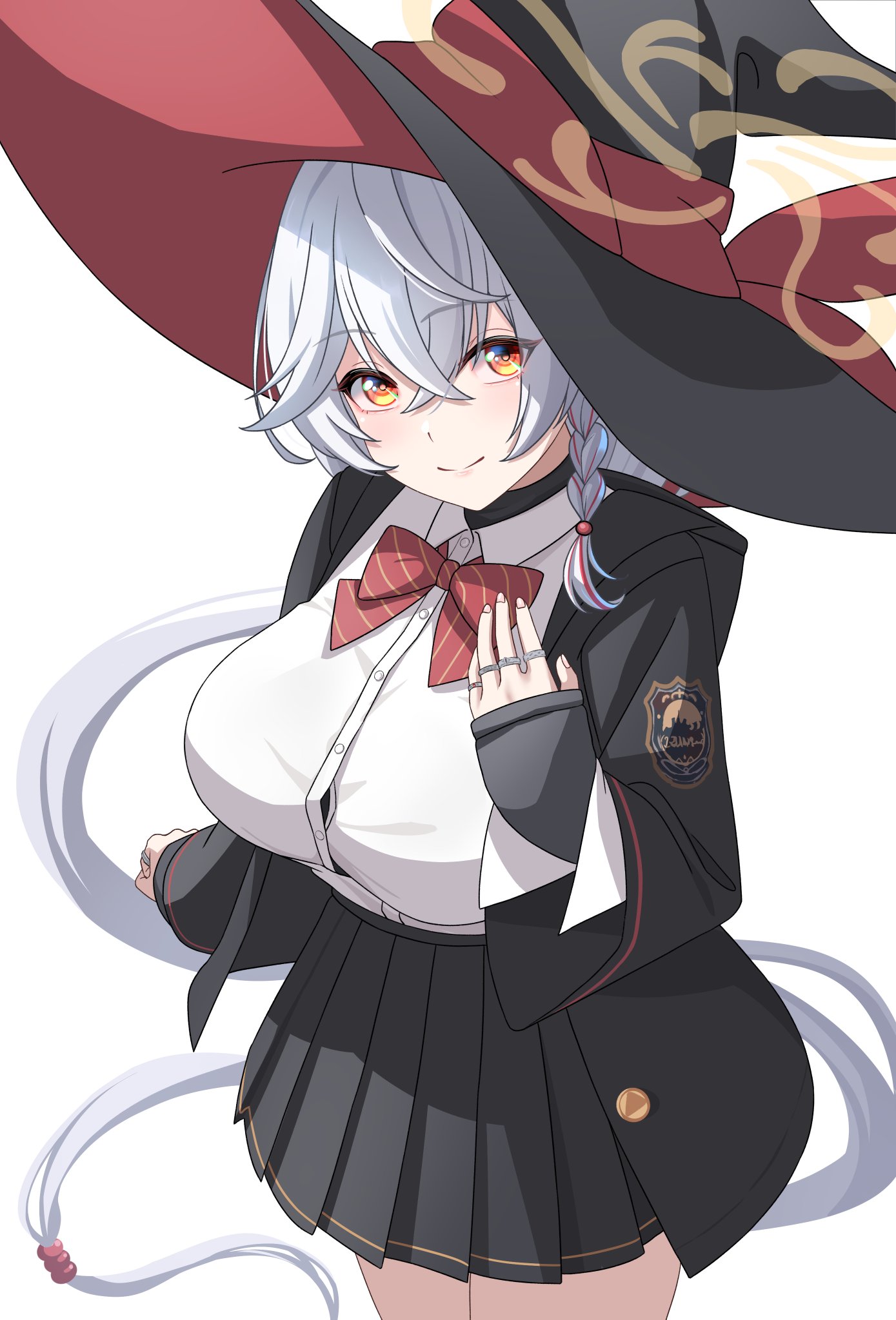 philo 324, eri (blue archive), blue archive, highres, 1girl, beads, black jacket, braid, breasts, collared shirt, emblem, hair beads, hair between eyes, hair ornament, halo, hat, jacket, jewelry, large breasts, long hair, long sleeves, looking at viewer, miniskirt, multiple rings, pleated skirt, ring, shirt, simple background, skirt, thighs, very long hair, white background, white hair, white shirt, witch hat, yellow eyes, yellow halo